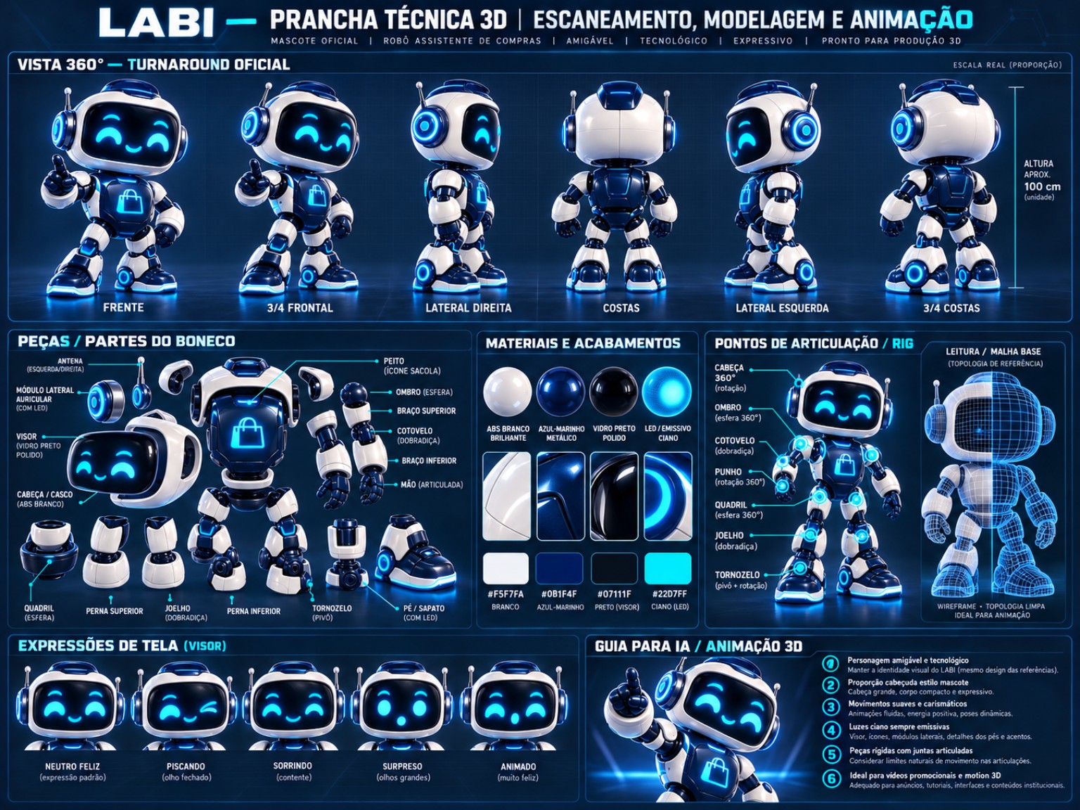 LABI oficial: robô branco e azul-marinho, visor preto e luzes ciano